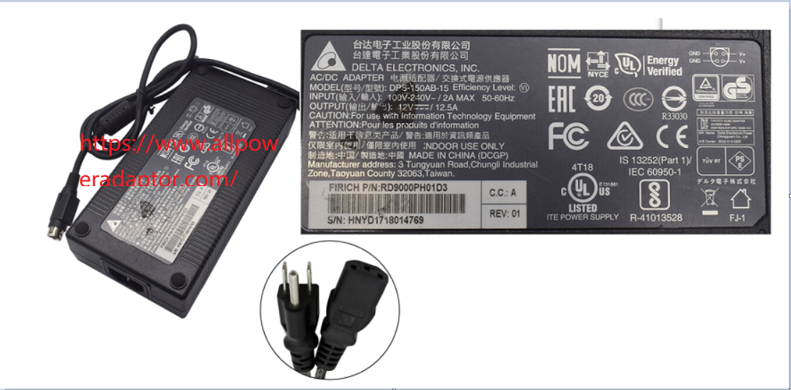 New DELTA DPS-150AB-15 RD9000PH01D3 12V 12.5A 4Pin 150W Power Supply AC Adapter Charger